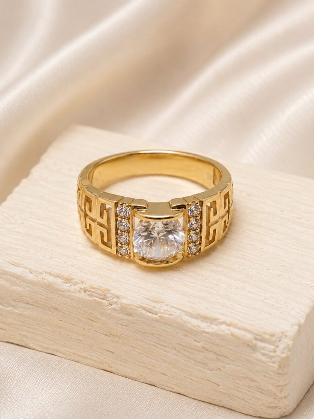 Men's 14K Gold Plated Greek Key Ring - Iced CZ Statement Band - Brand New!